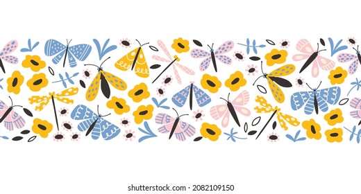 Frontera sin fisuras entre mariposa y flor silvestre. Los insectos dibujados a mano con doodle en tonos pastel de moda. Las mariposas escandinavas dulces y divertidas para los niños textiles. Delicada y de diseño.