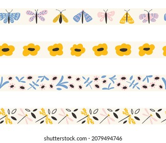 Butterfly and wildflower tiny seamless borders set. Cute doodle hand drawn insects in trendy pastel colors. Sweet funny scandinavian butterflies for washi tapes. Delicate and trendy design.