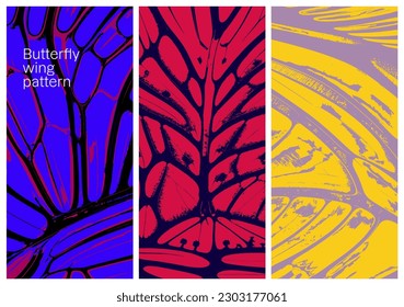 Colección de patrones abstractos de ala de mariposa. Banderas verticales de textura de piel animal. Conjunto de vectores para impresiones, empaque