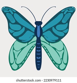 butterfly wing blue and green art illustration line and color object drawing isolated fabric and ethnic cartoon doodle.