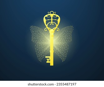 Butterfly wing key. Butterfly winged lock key made of mesh and dots. Vector illustration of a lock key with butterfly wings on a blue background.