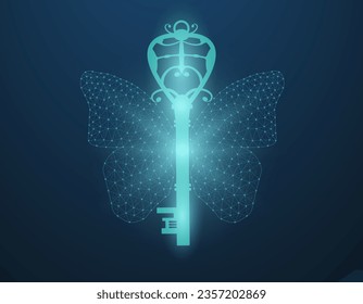 Butterfly wing key. Butterfly winged lock key made of mesh and dots. Vector illustration of a lock key with butterfly wings on a blue background.