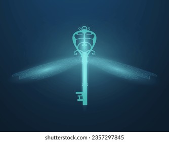 Butterfly wing key. Butterfly winged lock key made of mesh and dots. Vector illustration of a lock key with butterfly wings on a blue background.