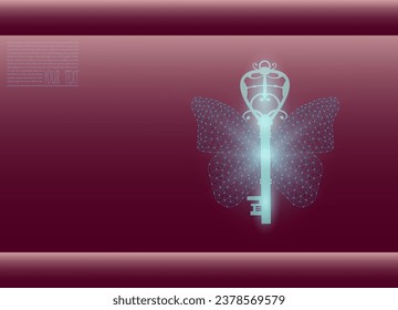 Butterfly wing key. Butterfly winged lock key made of mesh and dots. Vector illustration of a lock key with butterfly wings on a burgundy background.