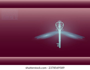 Butterfly wing key. Butterfly winged lock key made of mesh and dots. Vector illustration of a lock key with butterfly wings on a burgundy background.