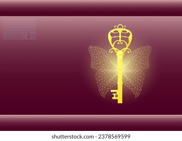 Butterfly wing key. Butterfly winged lock key made of mesh and dots. Vector illustration of a lock key with butterfly wings on a burgundy background.