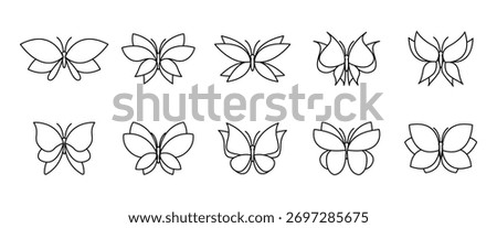 Butterfly wing line icon. Butterfly vector icon set. Collection of butterfly wing icons, isolated on a transparent background. Editable stroke.
