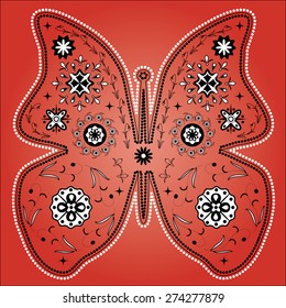 Butterfly wing patterns of colors and geometric shapes on a red background