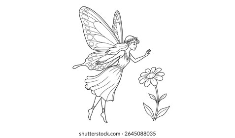 Butterfly Winged Fairy Hovering Above Basic Flower Coloring Sheet Whimsical Creature Art For Kids Coloring Fun