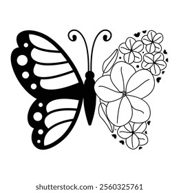 Butterfly Wings and Floral Elegance, Black and White Botanical Logo Vector