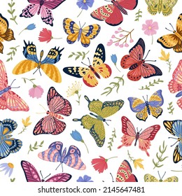 Butterfly wings insects seamless pattern, elegant butterflies print. Cartoon exotic flying butterfly insects vector background illustration. Colorful beautiful fly butterfly pattern