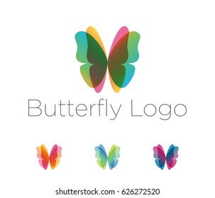 Butterfly wings logo set. Design elements in a variety of overlay colors with placeholder text. Vector spa, salon, fashion, health and beauty logotype.