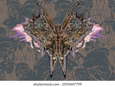 Butterfly wings on a dark camouflage backdrop for interiors or prints on T-shirts. Awful detailed butterfly motif for fashion trends, business concepts, covers, tiles, textiles or posters, etc. Vector