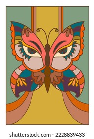 Butterfly with wings print reminding human face. Optical and visual illusion. Abstract insect with colorful pattern. Wildlife and unique species. Cartoon bug with antennae. Vector in flat style