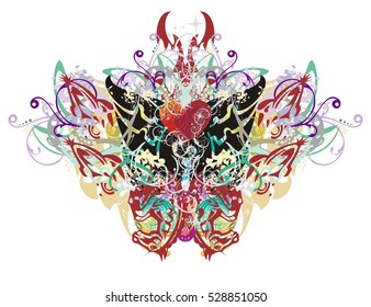Butterfly wings splashes. Grunge tribal festival butterfly formed by colorful floral splashes and the heads of horses