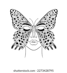 Butterfly and woman face.Hand drawn illustration on white background.