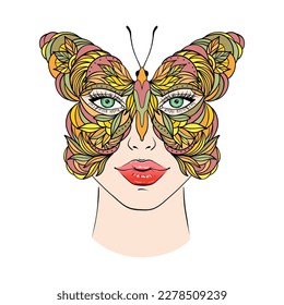 Butterfly and woman face.Hand drawn illustration.