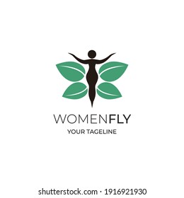 Butterfly Woman with green Leaves logo design icon design inspiration