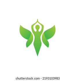 Butterfly Woman with Green Leaves Logo Design Vector Illustration