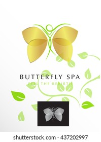 BUTTERFLY WOMAN SILHOUETTE WITH GOLDEN WINGS , VECTOR LOGO / ICON