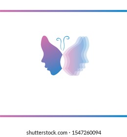 Butterfly with womens faces. Moving wing. Optical effect. Vector logo design template