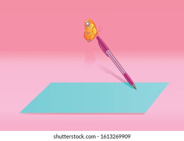 Butterfly writes with a pen on a sheet of blue paper on a pink background. Isolated objects. Vector graphics