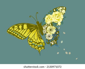 Butterfly from yellow flowers. T-shirt print. Vector illustration