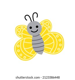Butterfly. Yellow jolly smiling butterfly. Bright colorful butterfly. Flat, cartoon. Isolated vector stock illustration eps 10 on white background