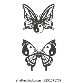 Butterfly and yin yang symbol, vector hand drawn illustration