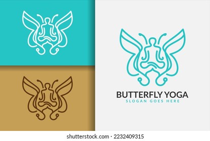 Butterfly Yoga Logo Design. Abstract Creative Yoga Pose Combined with Butterfly Silhouette Style Concept.