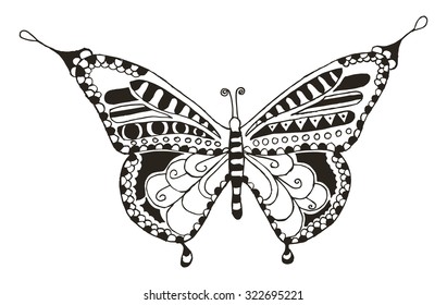 Butterfly zentangle stylized, vector, illustration, freehand pencil, hand drawn, pattern. Print for t-shirts, mobile cover design.