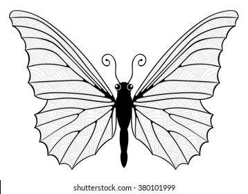 Butterfly zentangle stylized, vector, illustration, hand drawn, pattern.