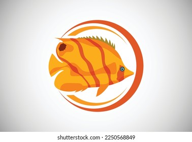 Butterflyfish in a circle. Fish logo design template. Seafood restaurant shop Logotype concept icon.