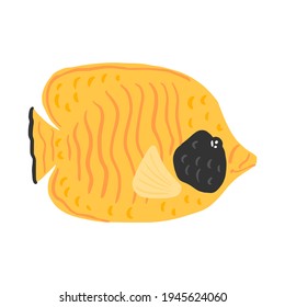 Butterflyfish isolated on white background. Cute aquatic character yellow color in hand drawn style. Design vector illustration for any purposes.