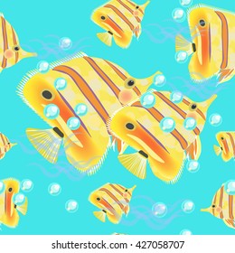 butterfly-fish seamless pattern on a blue background. vector illustration