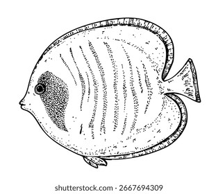 Butterflyfish sketch. Hand drawn vector illustration. Black and white. Engraving style