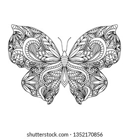 Butterfly.Hand drawn ethnic patterned in doodle, zentangle style. Coloring book page for adults and child- zendala, design for relax and meditation, vector illustration isolated on white background