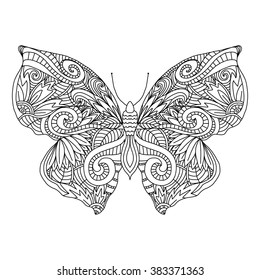 Butterfly.Hand drawn ethnic patterned in doodle, zentangle style. Coloring book page for adults and child- zendala, design for relax and meditation, vector illustration isolated on white background