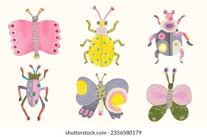 Butterflys dragonfly bug and ladybug. watercolor painting vector of cute insect. isolated animal illustration.