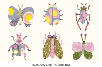 Butterflys dragonfly bug and ladybug. watercolor painting vector of cute insect. isolated animal illustration.