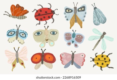 Butterflys dragonfly and ladybug. watercolor painting vector of cute insect. isolated animal illustration.