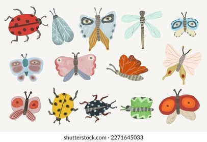 Butterflys dragonfly and ladybug. watercolor painting vector of cute insect. isolated animal illustration.