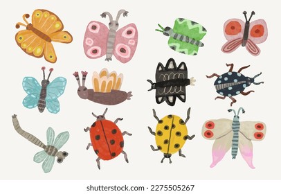 Butterflys dragonfly and ladybug. watercolor painting vector of cute insect. isolated animal illustration.