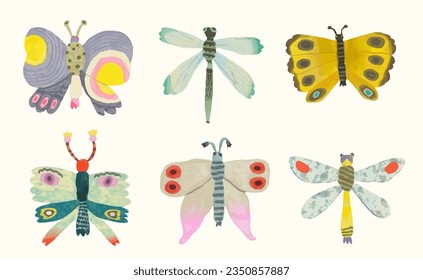 Butterflys dragonfly and ladybug. watercolor painting vector of cute insect. isolated animal illustration.