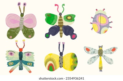 Butterflys dragonfly and ladybug. watercolor painting vector of cute insect. isolated animal illustration.