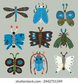 Butterflys dragonfly and ladybug. watercolor painting vector of cute insect. isolated animal illustration.