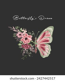 Butterfly's Dream Slogan and hand draw  illustration tee vector.