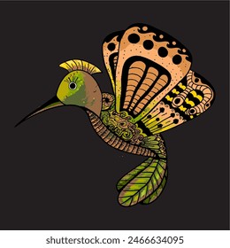 diseño de ilustración de pájaro colibri con alas de mariposa con acentos batik