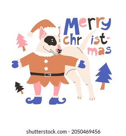 Butterier Dog in festive elf costume. Quote Merry Christmas. Celebrating Holiday and Newyear. Vector illustration in flat style. Isolated in white background. Christmas tree, doggy, masquerade. 