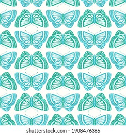 Butterly pattern design. Cute seamless repeat of blue and green butterflies. Nature insect background. Vector illustration